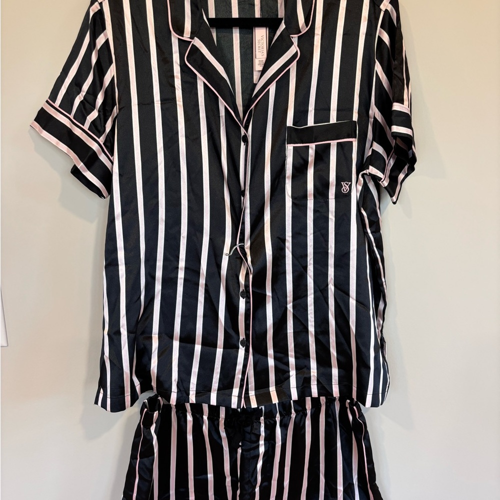Victoria's Secret Black and Pink Striped Satin Pajama Set - NWT - Size Medium